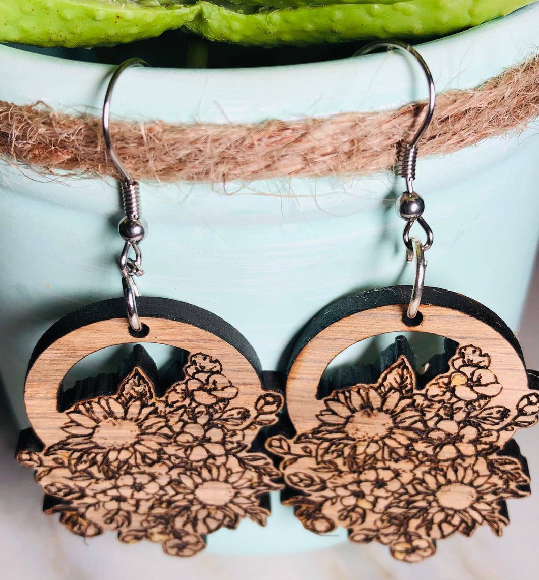 Sunflower Group Earrings Walnut Dangle Wood Fall Jewelry findings, connectors, blanks, earring making, earring components, earring parts, earring pieces