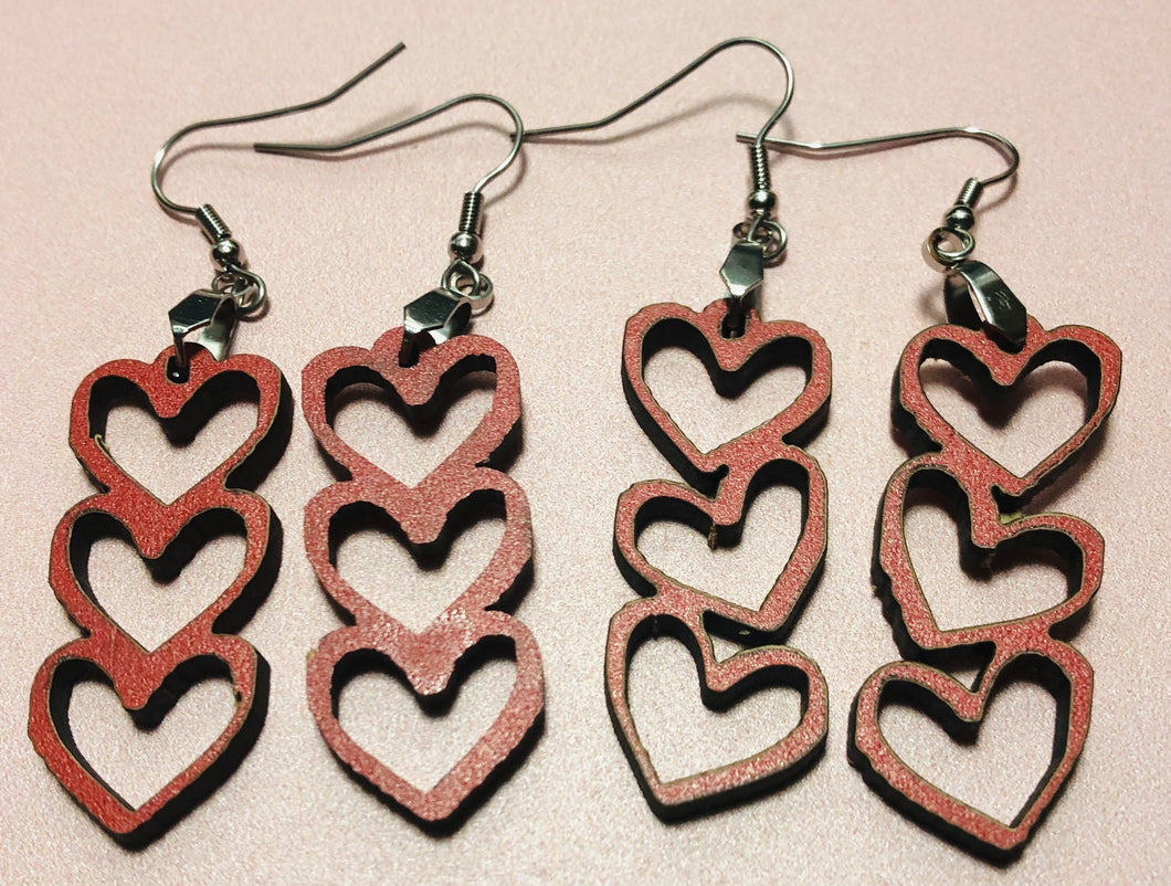 Red Valentines Triple Heart Wood Earrings, Connectors, Pieces