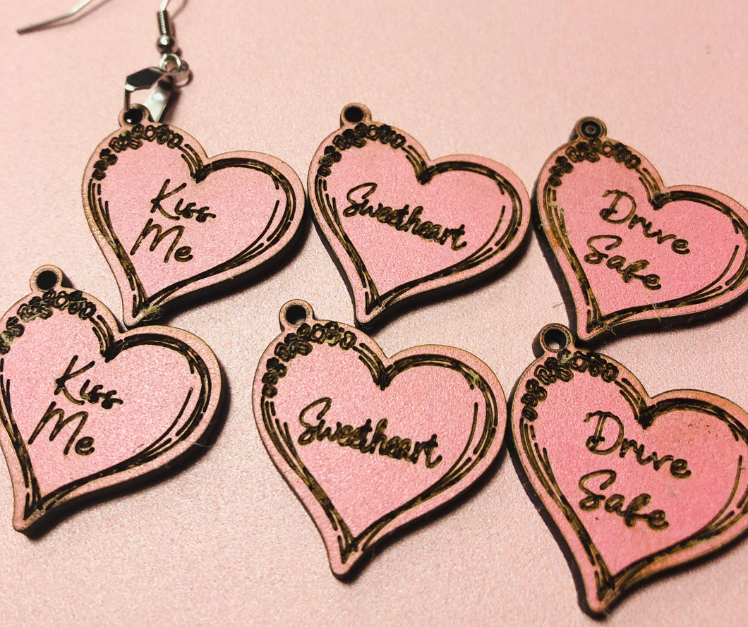 Valentines Pink Heart Sayings Wood Earrings