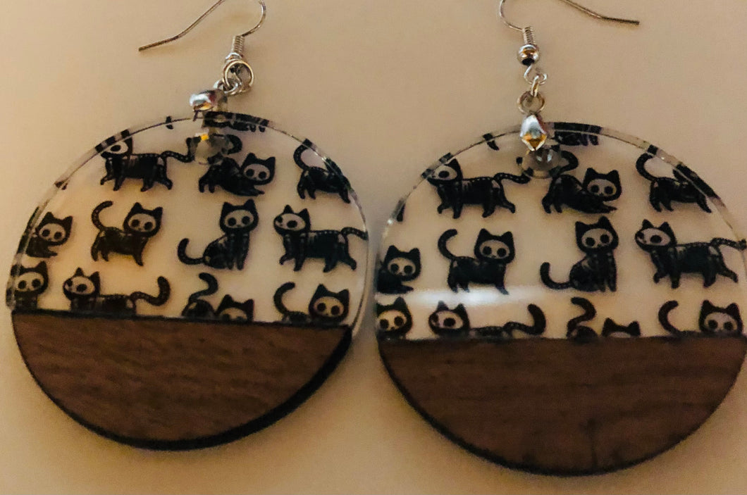 Black Cat Finished Acrylic/Wood Earrings