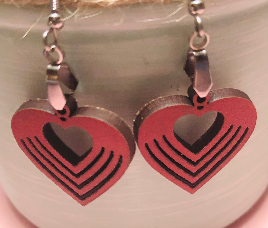 Valentines Leopard, Red wood Heart Earrings.